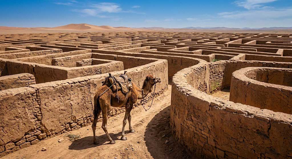 Illustration of a camel in a maze