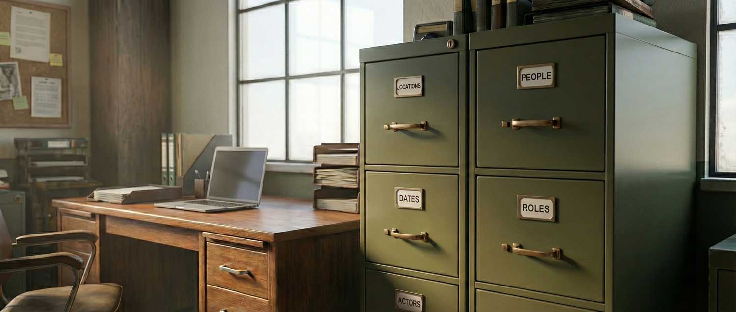 Illustration of a file cabinet organizing data